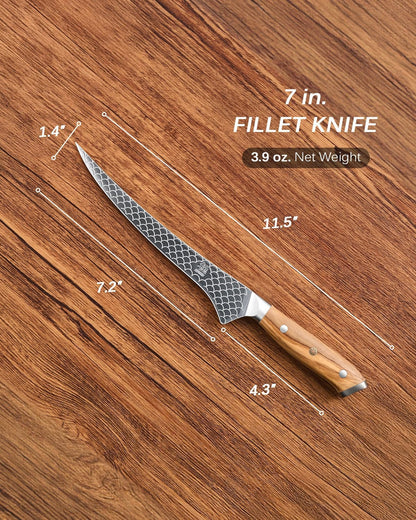 7 In. Japanese Fillet Knife, Koi Series Fish Boning Knife with Olive Wood Handle Koi Scale Pattern, High Carbon Stainless Steel Full Tang Fish Deboning, with Protective Sheath & Gift Box6