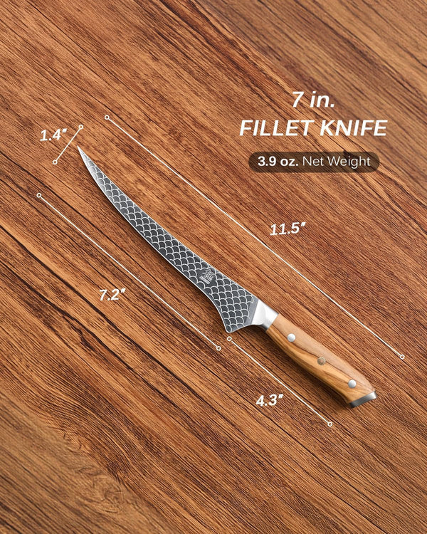 7 In. Japanese Fillet Knife, Koi Series Fish Boning Knife with Olive Wood Handle Koi Scale Pattern, High Carbon Stainless Steel Full Tang Fish Deboning, with Protective Sheath & Gift Box6