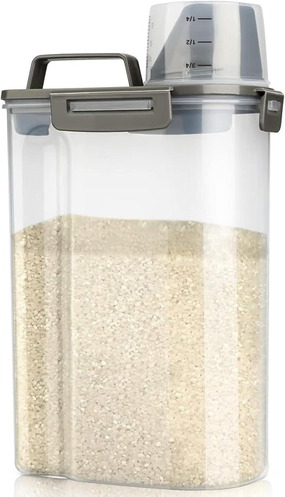Rice Airtight Storage Container, 3 to 5Lbs Cereal Dry Food Flour Bin, Pet Dog Cat Food Dispenser with Measuring Cup, BPA Free Clear Plastic Kitchen and Pantry Organization Bin for Sugar1