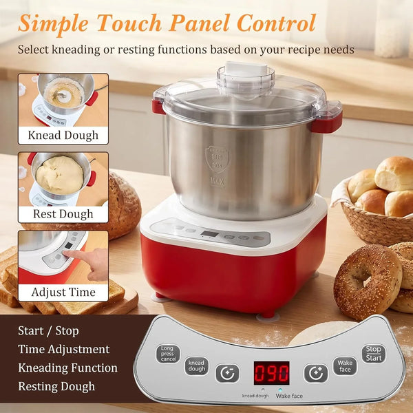 Electric Dough Maker, 7L Large Capacity with Ferment Function, Automatic Dough Kneading Machine, 304 Stainless Steel Bowl for Bread, Noodles, Dumplings, Pizza Dough (Red)2