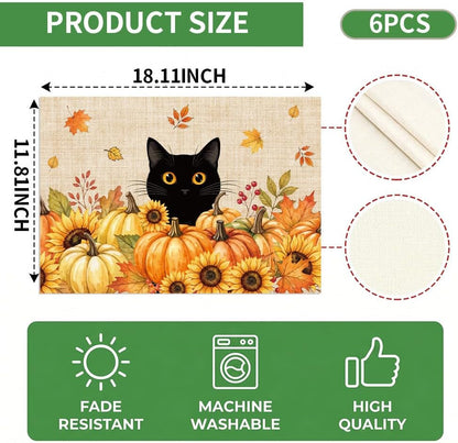 Fall Placemats Set of 6, Festival Linen Table Mats with Black Cat Pumpkin Sunflowers, Cute Autumn Decor & Supplies for Home Kitchen Farmhouse Dining Room Outdoor Indoor2