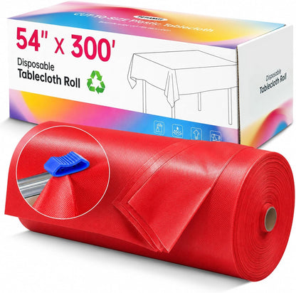 Disposable Tablecloth Roll, 54In X 300Ft Red Plastic Table Cloth Disposable1