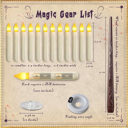 Floating Candle with Wand Remote, 12 Pcs Magical Candlesticks Witch Decors, Warm Yellow Flameless Taper Candles Battery Operated, LED Window Candle for Halloween Party Decor5