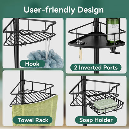 Corner Shower Caddy Tension Pole, 4 Tier Rustproof Shower Tension Rod Organizer, Adjustable 25-125 Inch Bathroom Shower Organizer Shelves for Bathtub Shampoo Storage, Black7