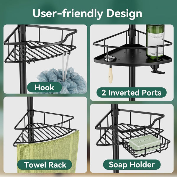 Corner Shower Caddy Tension Pole, 4 Tier Rustproof Shower Tension Rod Organizer, Adjustable 25-125 Inch Bathroom Shower Organizer Shelves for Bathtub Shampoo Storage, Black7