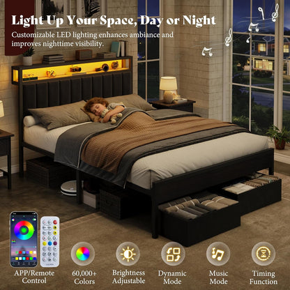 Full Bed Frame with LED Lights & 2-Tier Storage Headboard3