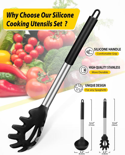 Silicone Pasta Fork and Soup Ladle Spoon Set, 2 Pack, Black2