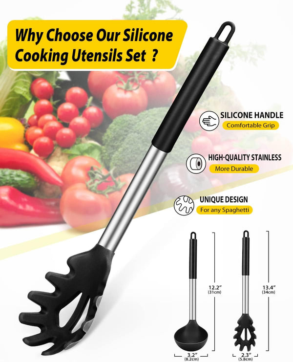 Silicone Pasta Fork and Soup Ladle Spoon Set, 2 Pack, Black2