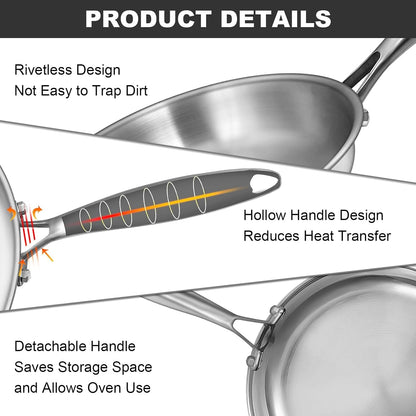 Tri-Ply Stainless Steel Frying Pans Set, 8”/10”/12” Cooking Pans, PFOA&PTFE Free Skillet, Induction Cooking Pan, Dishwasher and Oven Safe, Fast & Even Heat, Heavy Duty and Detachable Handle6