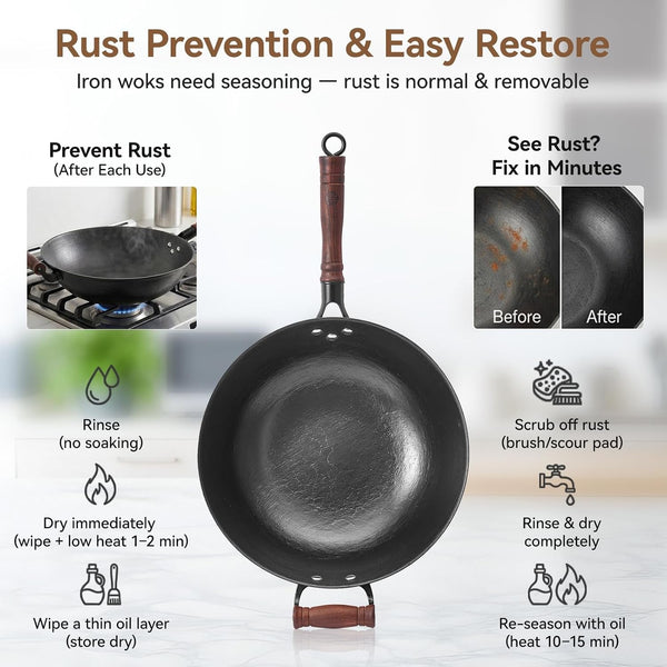 12.6 Inch Cast Iron Wok Pan with Wood Lid, Uncoated Flat Bottom Chinese Stir Fry Pan, Heavy Duty Wok for Induction, Gas and Electric Stoves3
