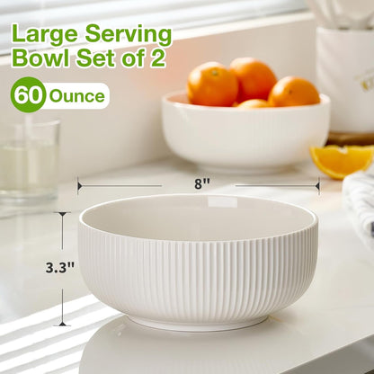2 Pack Salad Bowl, 8 Inch 60 Oz Large Serving Bowl Set, Deep Bowl for Kitchen, White Ceramic Bowl Set for Soup, Cereal, Ramen, Pasta, Salad, Dishwasher & Microwave Safe, Easy Clean3