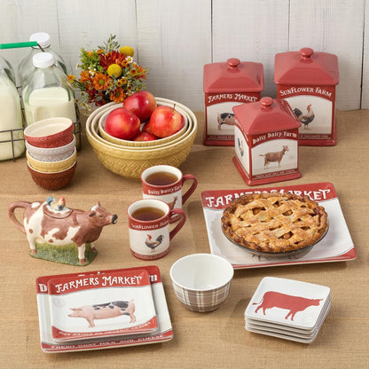Vintage Farm Stoneware Batter Bowl, 2.5-Quart Capacity, 10.5X8X5-Inch, Embossed Rustic Red Design with Handle & Spout, Durable Farmhouse-Style Mixing Bowl for Baking & Cooking, Dishwasher Safe5