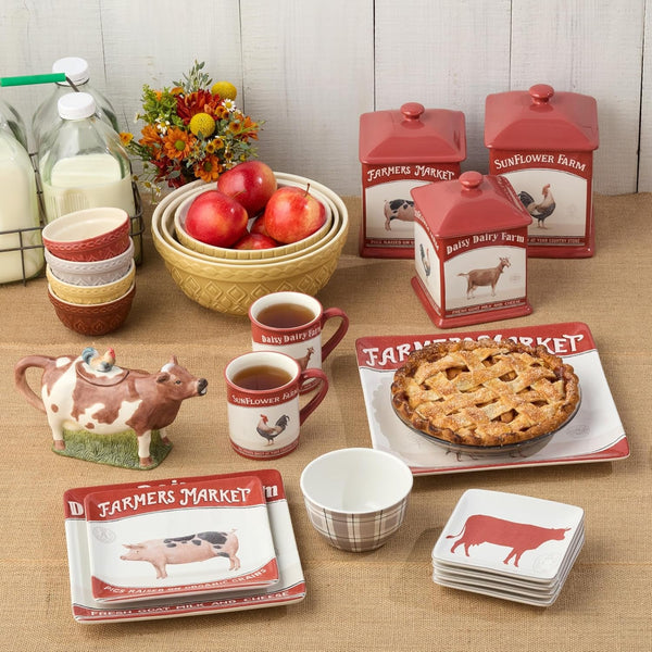 Vintage Farm Stoneware Batter Bowl, 2.5-Quart Capacity, 10.5X8X5-Inch, Embossed Rustic Red Design with Handle & Spout, Durable Farmhouse-Style Mixing Bowl for Baking & Cooking, Dishwasher Safe5