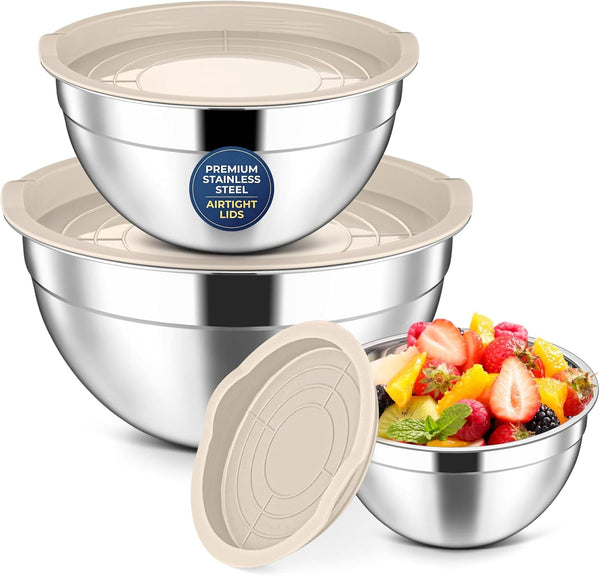 Stainless Steel Mixing Bowls with Lids Set of 3, 1.5/3/4.6Qt, Khaki1