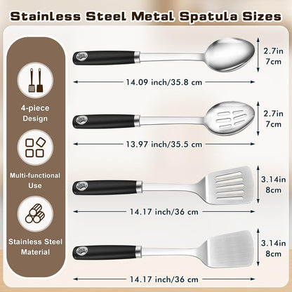 4 Pcs Cooking Utensils Set, Stainless Steel Kitchen Utensils, Heat Resistant Metal Kitchen Tools Include Solid & Slotted Turner Wok Spatula, Serving Spoon, Ergonomic Handle, Easy to Clean, Silver7