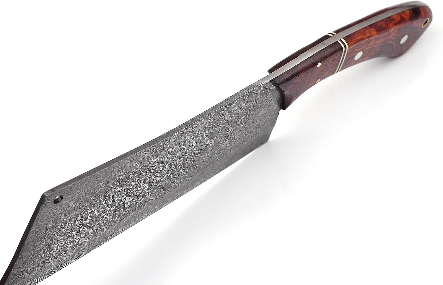 12-inches-long-damascus-steel-blade-meat-cleaver-with-leather-sheath-hand-forged-rain-drop-pattern-damascus-steel-blade-kitchen-chopper-natural-walnut-wood-scale-with-red-fiber-spacing