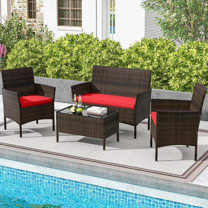 4 Pieces Patio Furniture Set Outdoor Rattan Conversation Set, Wicker Loveseat & Chairs with Tempered Glass Coffee Table, Sectional Sofa Set for Backyard Garden Poolside2