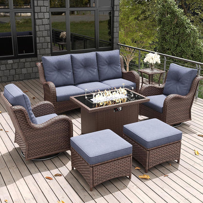 7 Pieces Outdoor Patio Furniture Set with Fire Pit Table, Rattan Wicker Sectional Swivel Rocker Chairs Sets with Ottomans, Swivel Glider Chairs and Coffee Table7