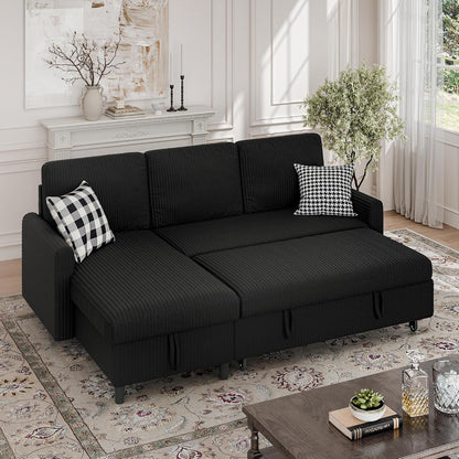 77 Inch Sectional Sleeper Sofa with Pull Out Bed, Modern L-Shaped Corduroy Convertible Couch with Storage Chaise, Reversible Sofa Bed for Small Spaces, Apartment, Black9