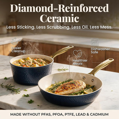 Hammered 13Pc Pots and Pans Set Non Stick Ceramic Cookware Set | Heavy Duty 3.0MM Gauge, Non Toxic PFOA/PTFE/PFOS Free Ceramic & Titanium, Induction Compatible, Oven & Dishwasher Safe4