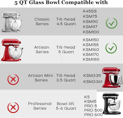 Glass Mixer Bowl for Kitchenaid Tilt-Head Stand Mixers 4.5-5 Quart, 5 Qt Mixing Bowl Replacement for Kitchen Aid with Measurement Markings,Handle2