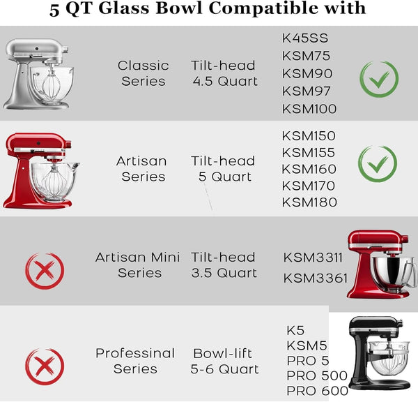 Glass Mixer Bowl for Kitchenaid Tilt-Head Stand Mixers 4.5-5 Quart, 5 Qt Mixing Bowl Replacement for Kitchen Aid with Measurement Markings,Handle2