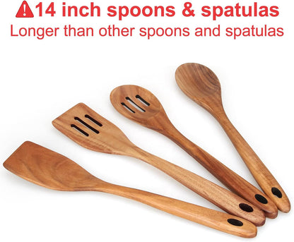 14" Long Teak Wood Utensils Set for Cooking Spatula Non Toxic Wooden Spoons2