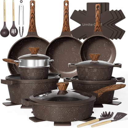 26PCS Pots and Pans Set Non Stick, Nonstick Cookware Sets, Induction Cook Ware, Includes Steamer & Silicone Utensils, Housewarming Gift, Kitchen Cooking Sets W/Frying Pan (PFOS, PFOA Free)1