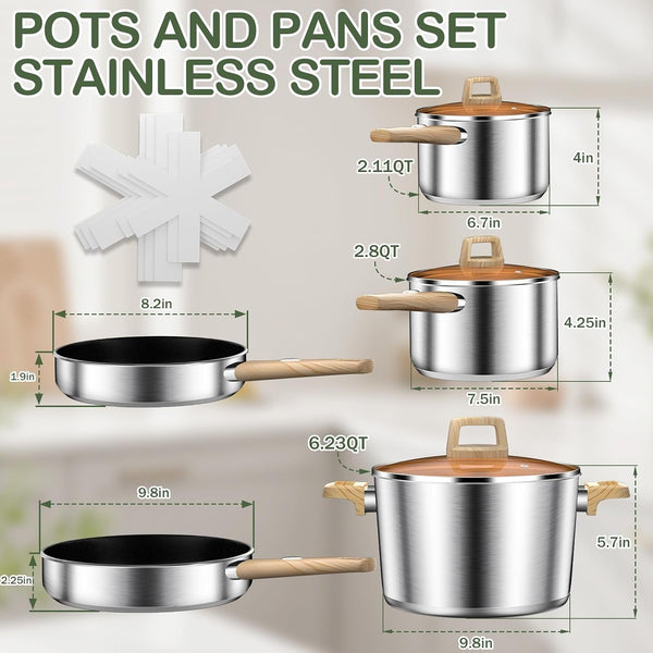 Stainless Steel Cookware Set 13PCS, Pots and Pans Set, Induction Cookware, Kitchen Cooking Set, Heavy Duty, Tri-Ply Base, Dishwasher Safe2