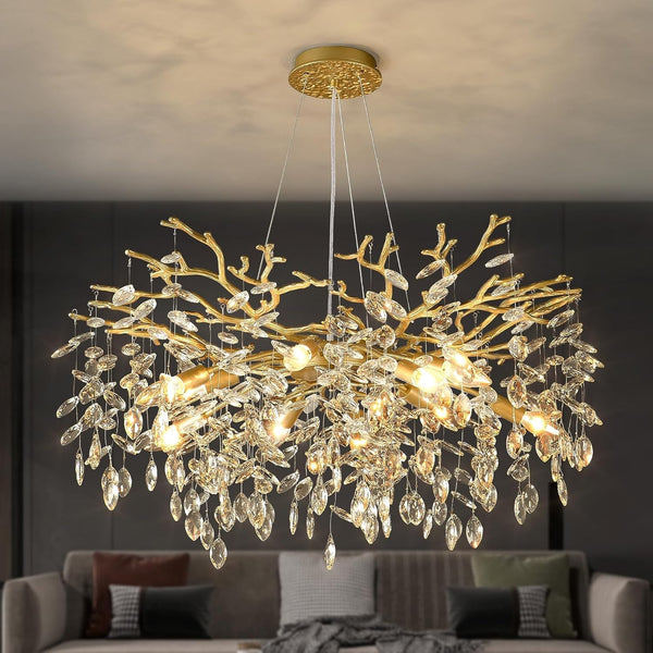 Gold Tree Branch Chandelier 32" 10-Light Modern Crystal Light Fixture1