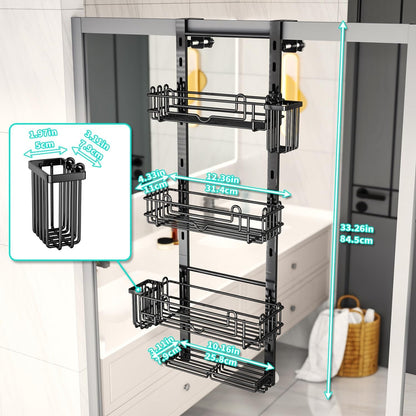 over the Door Shower Caddy - 4-Tier Hanging Shower Organizer with 22 Hooks and 2 Toothbrush Holders, No Drilling Adjustable Hanging Shelves for Bathroom - Black5