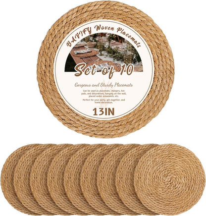 13" round Woven Placemats Set of 10, Plate Chargers for Dining Table | 13 Inch Place Mats Set of 10, Wicker Chargers for Dinner Plates, Boho Farmhouse Rustic Table Mats for Dining Table Decor1