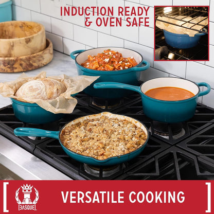 Enameled Cast Iron Cookware Set, 7-Piece Set (Biscay Blue), Nonstick, Oversized Handles, Oven Safe; Skillet, Saucepan, Small Dutch Oven, Large Dutch Oven, 10.25", 2QT, 2.25QT, 4.75QT | Includes 10.25" Skillet, 2QT Saucepan, 2 Dutch Ovens; Oversized Handles for Easy Carrying4
