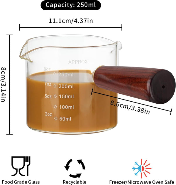 250ML/8.5OZ Measuring Cup Espresso Shot Glasses Double Spouts Large Coffee Cup with Wood Handle Triple Pitcher Milk Cup Parts Clear Glass by  (250Ml-1Pack)3