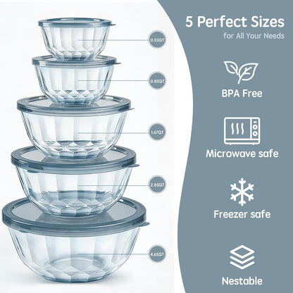5‑Piece Glass Mixing Bowls Set with Airtight Lids, Gray3