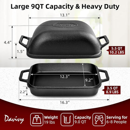 9QT Large Cast Iron Bread Loaf Pan with Lid, Dutch Oven for Sourdough Bread Baking, Non-Stick Cast Iron Sourdough Baking Pan with Lid, 12.3" X 9.2", Matte Black3