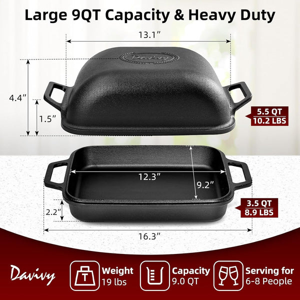 9QT Large Cast Iron Bread Loaf Pan with Lid, Dutch Oven for Sourdough Bread Baking, Non-Stick Cast Iron Sourdough Baking Pan with Lid, 12.3" X 9.2", Matte Black3