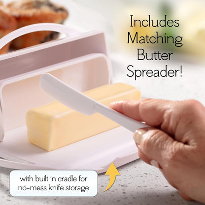 Flip Top Butter Dish with Attached Lid & Matching Knife - Holds 2 Sticks, Fits Kerrygold/European Butter - BPA Free & Dishwasher Safe - White3