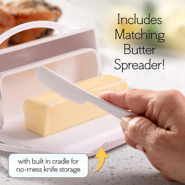 Flip Top Butter Dish with Attached Lid & Matching Knife - Holds 2 Sticks, Fits Kerrygold/European Butter - BPA Free & Dishwasher Safe - White3