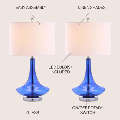 Cecile 25.5" Metal Glass Lamp, Cobalt Blue/Chrome, Set of 2 | White Linen Drum Shade, Teardrop Base, 60" Silk Wrapped Cord, LED Bulbs Included3
