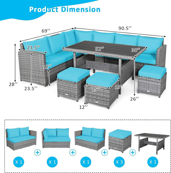 7 Pieces Patio Furniture Set, Outdoor Sectional Rattan Dining Sofa Set with Cushions, All Weather Wicker Conversation Couch Set with Dining Table & Ottomans for Yard Garden Poolside4
