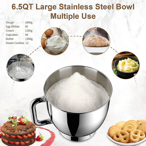 Electric Stand Mixer with LED Display & Timer 6.5QT Bowl Stainless Steel, 1350W 6-Speeds Kitchen Stand up Mixer for Baking Cakes Cookie Bread Salad Food with Egg Whisk, Dough Hook, Beater6
