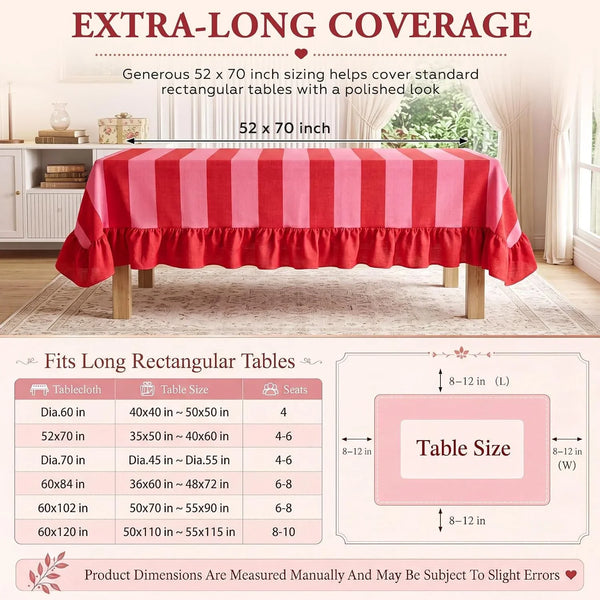 Striped Ruffled Tablecloth 70 X 52 Inches Boho Pink Red Striped Decorative Table Cover Rectangle Cotton Linen Table Cloth for Home Dining Kitchen Wedding Birthday Party2