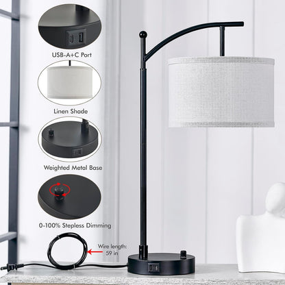 Table Lamp Set of 2, 23.5" Bedside Lamps with USB C+A Ports, Black | Table Lamps for Living Room, Bedroom, Bedside Lamps for Nightstand with Linen Lamp Shades, 2 Dimmable LED Bulbs Included3