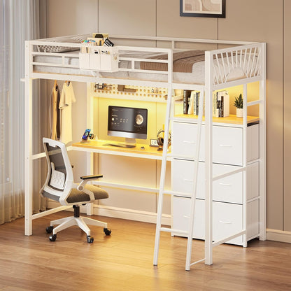 White Twin Loft Bed with Desk and 6 Storage Drawers, Metal Twin Size Loft Beds with Charging Station, RGB LED Lights, and Pegboard & Hanging Rod for Kids, Teenager (White)4