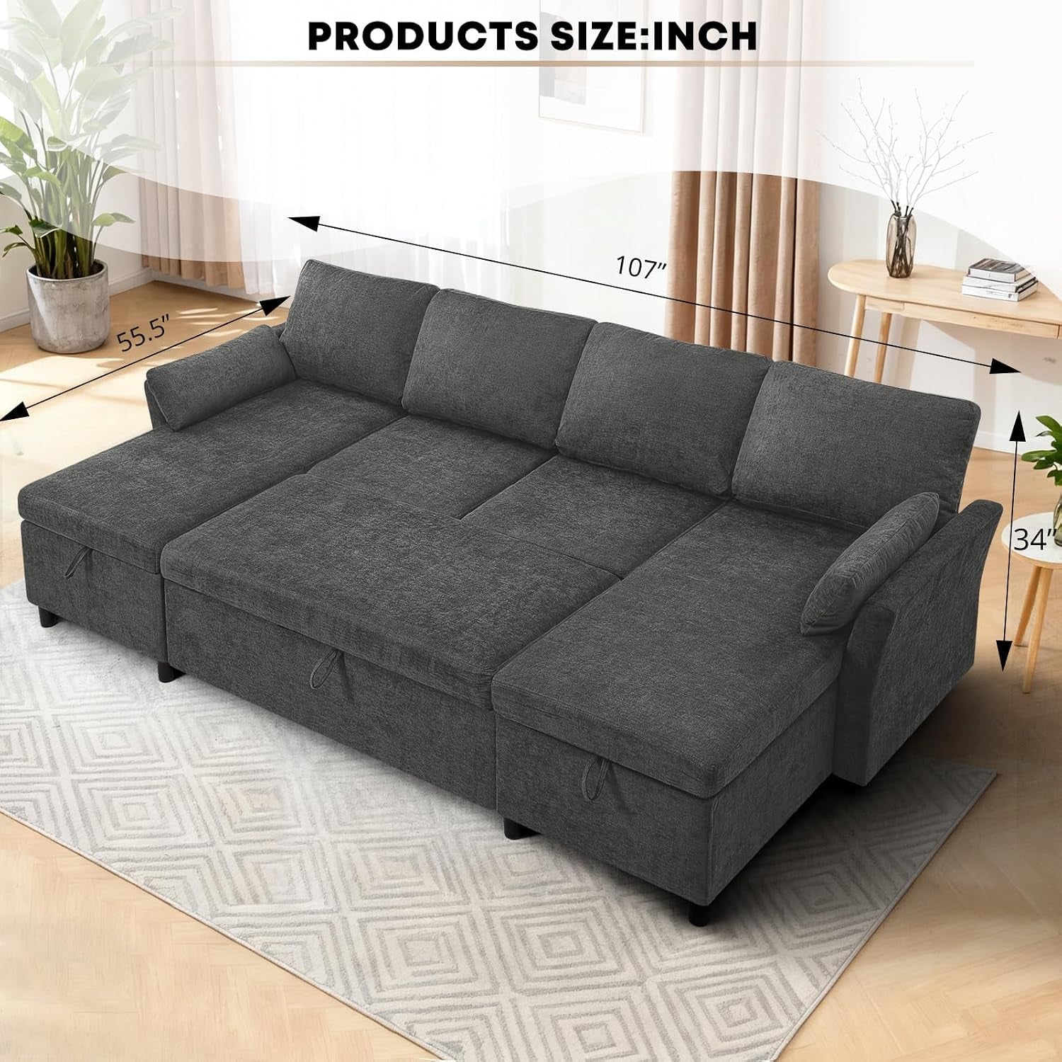 107-inches-chenille-sectional-sofa-with-pull-out-sofa-bed-grey