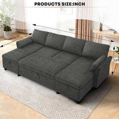 107 Inches Chenille Sectional Sofa with Pull Out Sofa Bed, Grey5