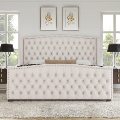 Queen Size Bed Frame with Velvet Upholstered Wingback Headboard3