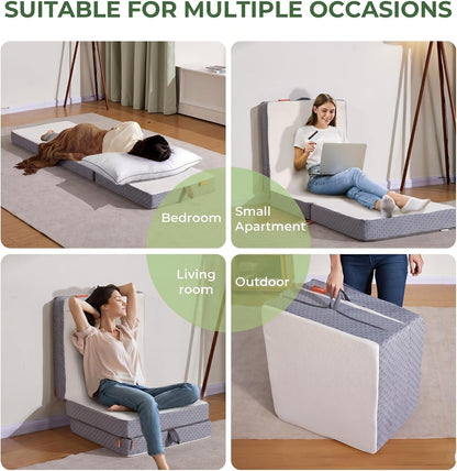 Single Tri-Folding Mattress Topper - 4 Inch Medium Firm Portable Foldable Mattress with Washable Cover & Non-Slip Base - Ideal for Camping, RV, and Guests,White7