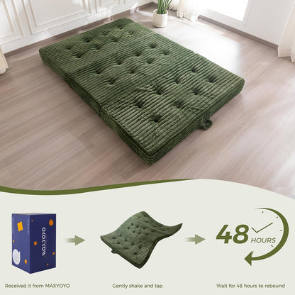 Floor Sofa Couch, 6 Inch Tri-Fold Floor Sofa Bed, Folding Mattress with Handles, Soft Faux Fur Folding Bed with Supportive Foam Filling, Portable Couch for Living Room, Full, Dark Green8